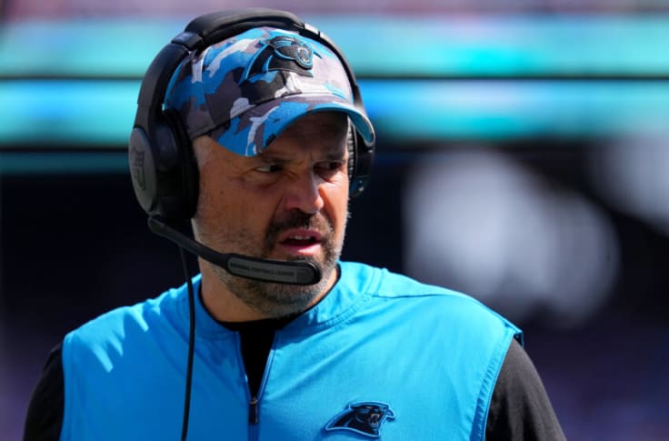 Head coach Matt Rhule of the Carolina Panthers looks on (Photo by Mitchell Leff/Getty Images)
